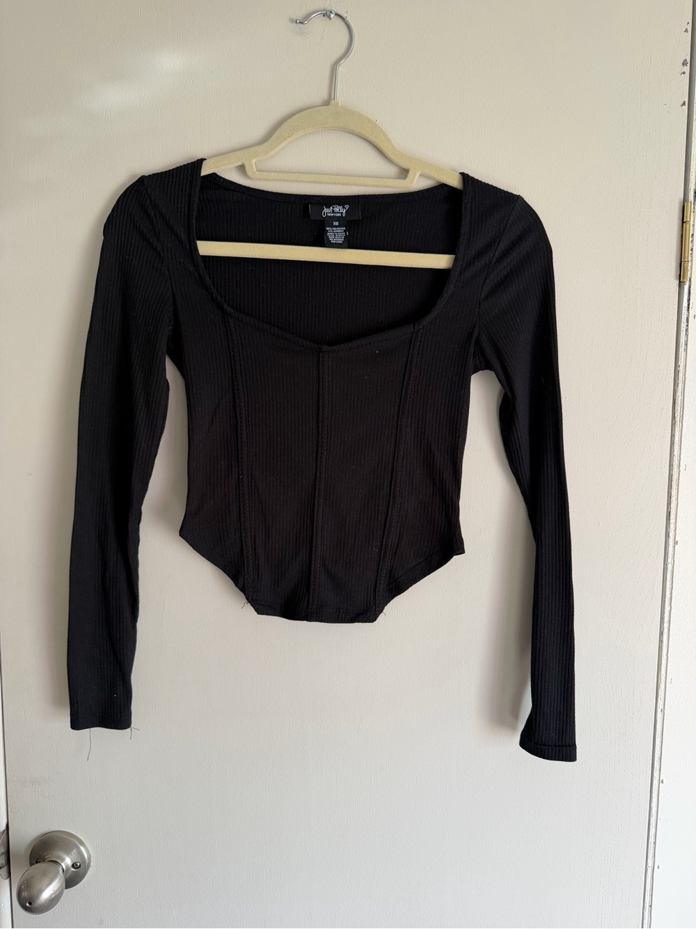 Just Polly Black Ribbed Long-Sleeve Scoop-Neck crop